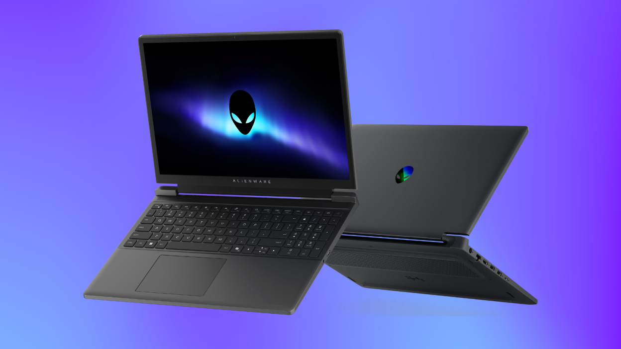 two angles of the alienware 15 against a blue and purple background
