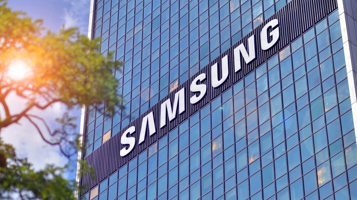 Samsung logo on glass building exterior in Poland
