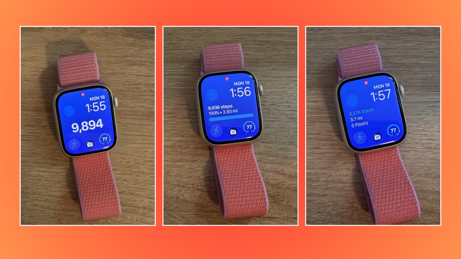 Three images of an Apple Watch with widgets from Pedometer, Steps, and Stepsapp.
