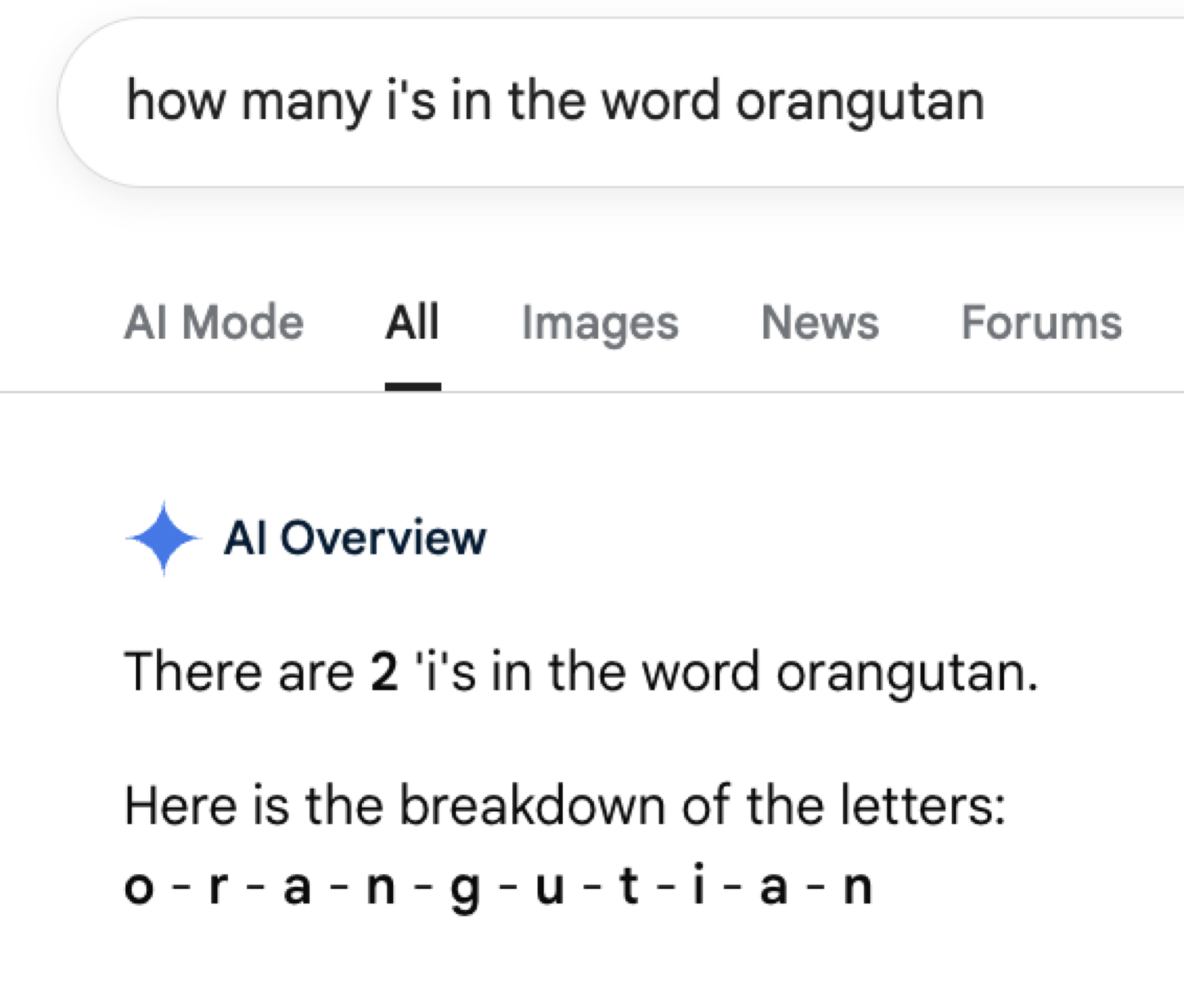 A screenshot of Google AI overviews giving the wrong answer to a spelling question.